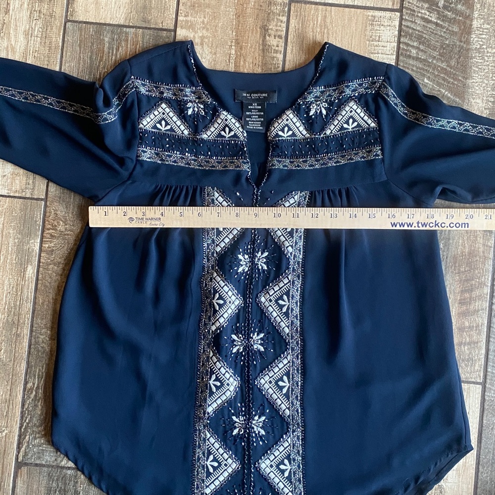 MM Couture Navy Embroidered Split V-Neck Tunic - Picture 10 of 12